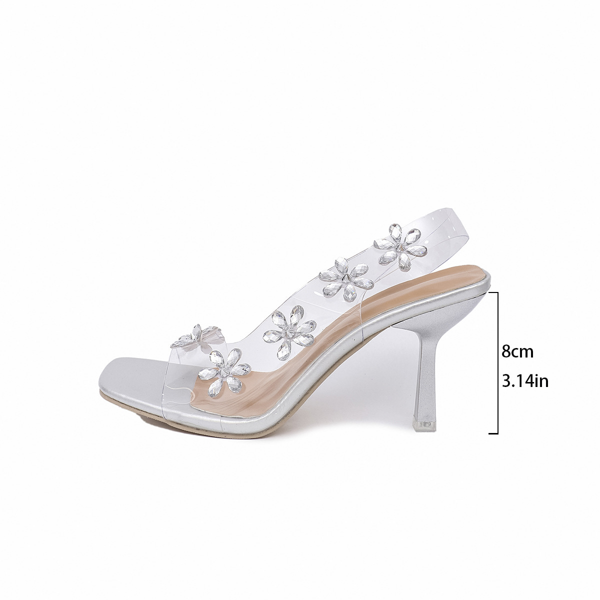 Talons hauts à bout carré strass, sangle transparente
