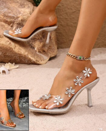 Talons hauts à bout carré strass, sangle transparente